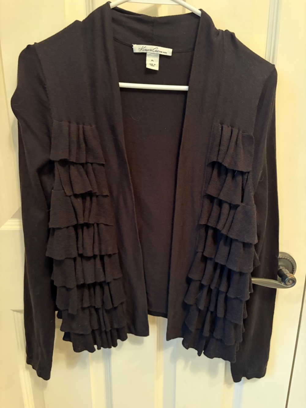 Kenneth Cole Womens Black Ruffle Front Cardigan